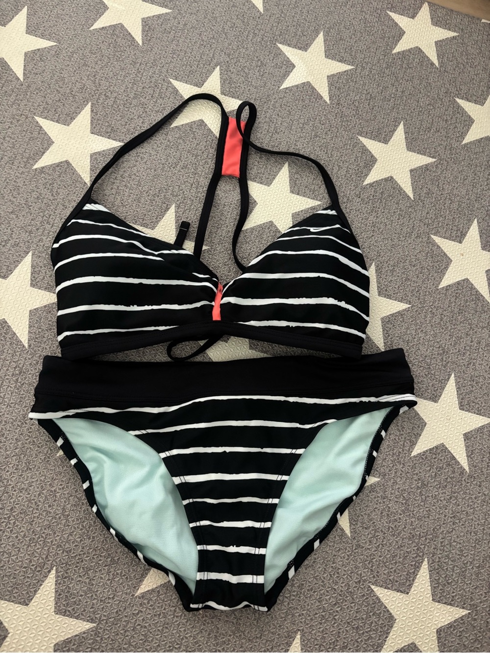 Nike Black and White Striped Women's Bikini with Coral Accent